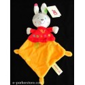 Doudou lapin plat orange rouge brodé motif oiseau NICOTOY