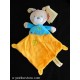 	 Doudou chien plat jaune bleu brodé motif oiseau NICOTOY