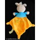 Doudou chien plat jaune bleu brodé motif oiseau NICOTOY