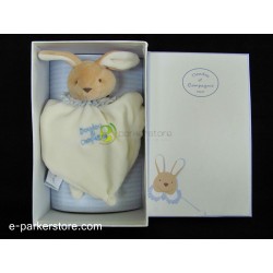 Doudou lapin plat carré écru collerette bleue PE202 LI Doudou et compagnie - NEUF -