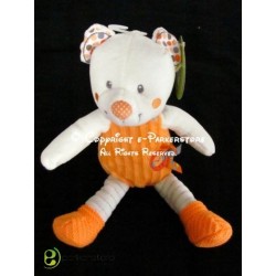 Doudou ours peluche pantin écru orange oreilles à pois pattes tricots NICOTOY