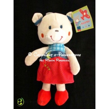 Doudou peluche pantin ours fille gris robe rouge bleue lune verte NICOTOY