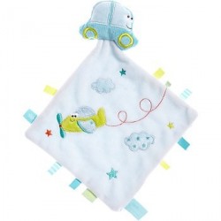 Doudou voiture mouchoir brodé avion blanc vert bleu KIABI KITCHOUN NICOTOY