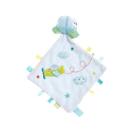 Doudou voiture mouchoir brodé avion blanc vert bleu KIABI KITCHOUN NICOTOY