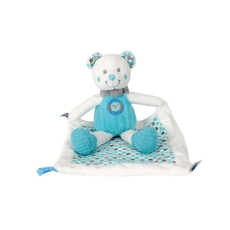 Doudou ours pantin avec doudou " Little Hug " écru bleu pattes tricots NICOTOY