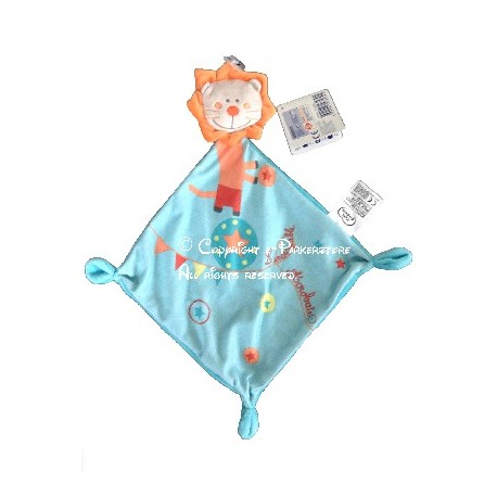 Doudou mouchoir lion plat bleu incroyable acrobate losange MOTS D'ENFANTS