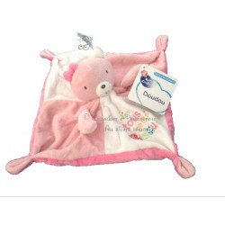 Doudou ours sur carré rose blanc petit noeud tous petits bisous MOTS D'ENFANTS