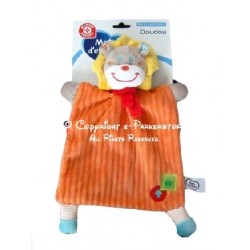 Doudou lion plat orange revers rouge écharpe rouge MOTS D'ENFANTS