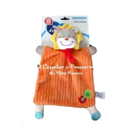 Doudou lion plat orange revers rouge écharpe rouge MOTS D'ENFANTS