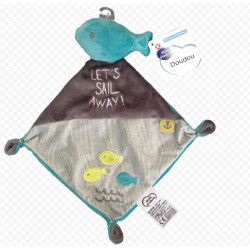 Doudou poisson mouchoir bleu turquoise gris rayé imprimé poissons Let's sail away MOTS D'ENFANTS