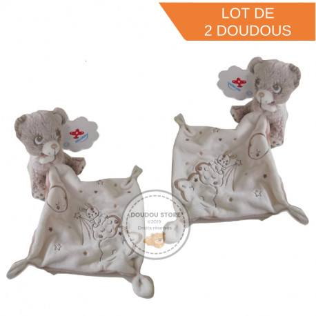 NICOTOY SIMBA Lot de 2 doudous ours mouchoir beige blanc brodé nuages lapin