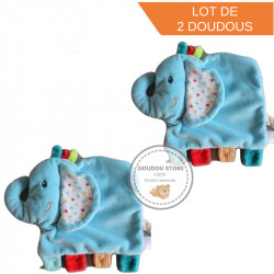 Lot de 2 doudous plat éléphant bleu étiquettes couleurs Happy circus NICOTOY