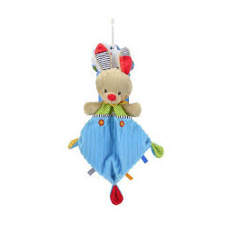 Doudou lapin August plat losange bleu vert boutons foulard jaune NICOTOY