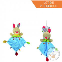 Lot de 2 doudous lapins August plat bleu vert NICOTOY