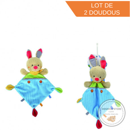 Lot de 2 doudous lapins August plat bleu vert NICOTOY