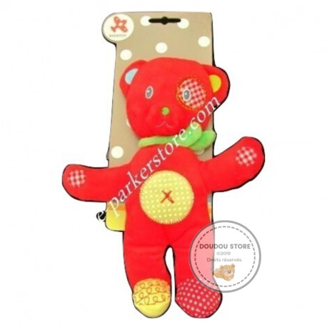 Doudou peluche pantin chien ours rouge cocard rétro NICOTOY - NEUF -