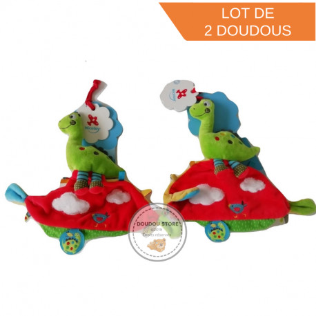 Lot de 2 doudous dinosaure vert mouchoir 4 noeuds rouge vert nuage oiseau NICOTOY