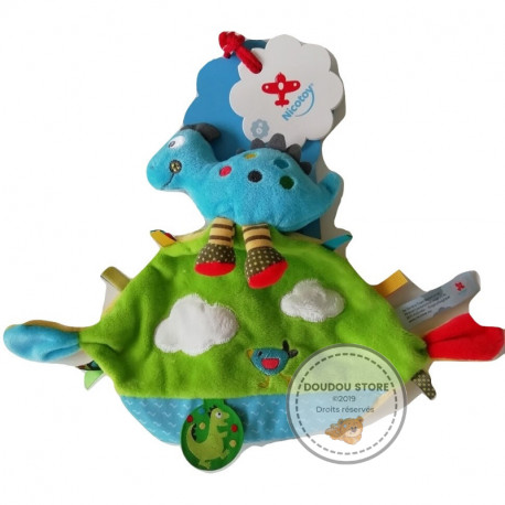 Doudou dinosaure bleu mouchoir 4 noeuds bleu vert nuage oiseau NICOTOY