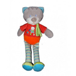 	 Doudou chat peluche rouge / orange/ gris jambes rayées Mots d'enfants - NEUF -