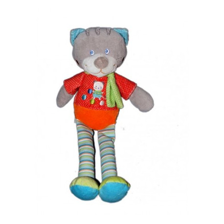 	 Doudou chat peluche rouge / orange/ gris jambes rayées Mots d'enfants - NEUF -