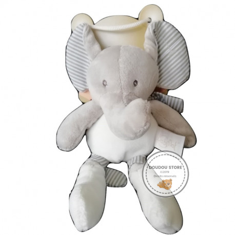 Doudou pantin éléphant gris écru oreilles rayées BABYNAT