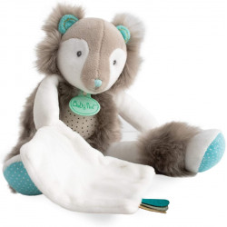 Baby Nat' Frisounours renard doudou peluche avec mouchoir gris et bleu