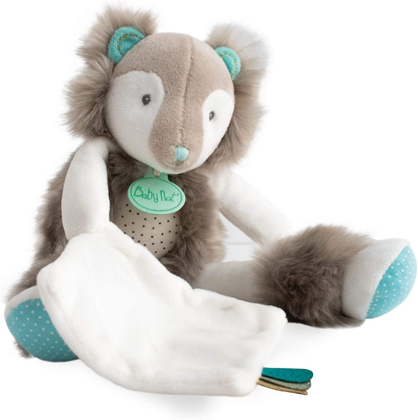 Baby Nat' Frisounours renard doudou peluche avec mouchoir gris et bleu -  DOUDOU STORE