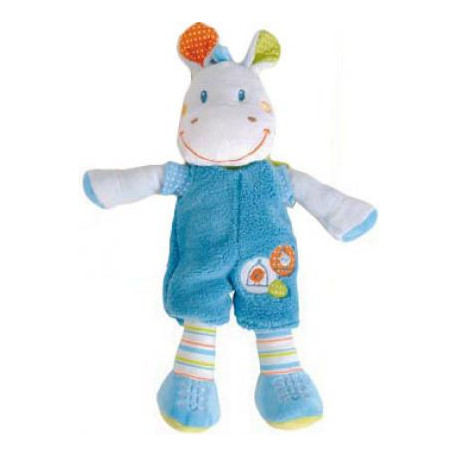 Doudou âne cheval pantin salopette bleue brodée oiseau maison NICOTOY